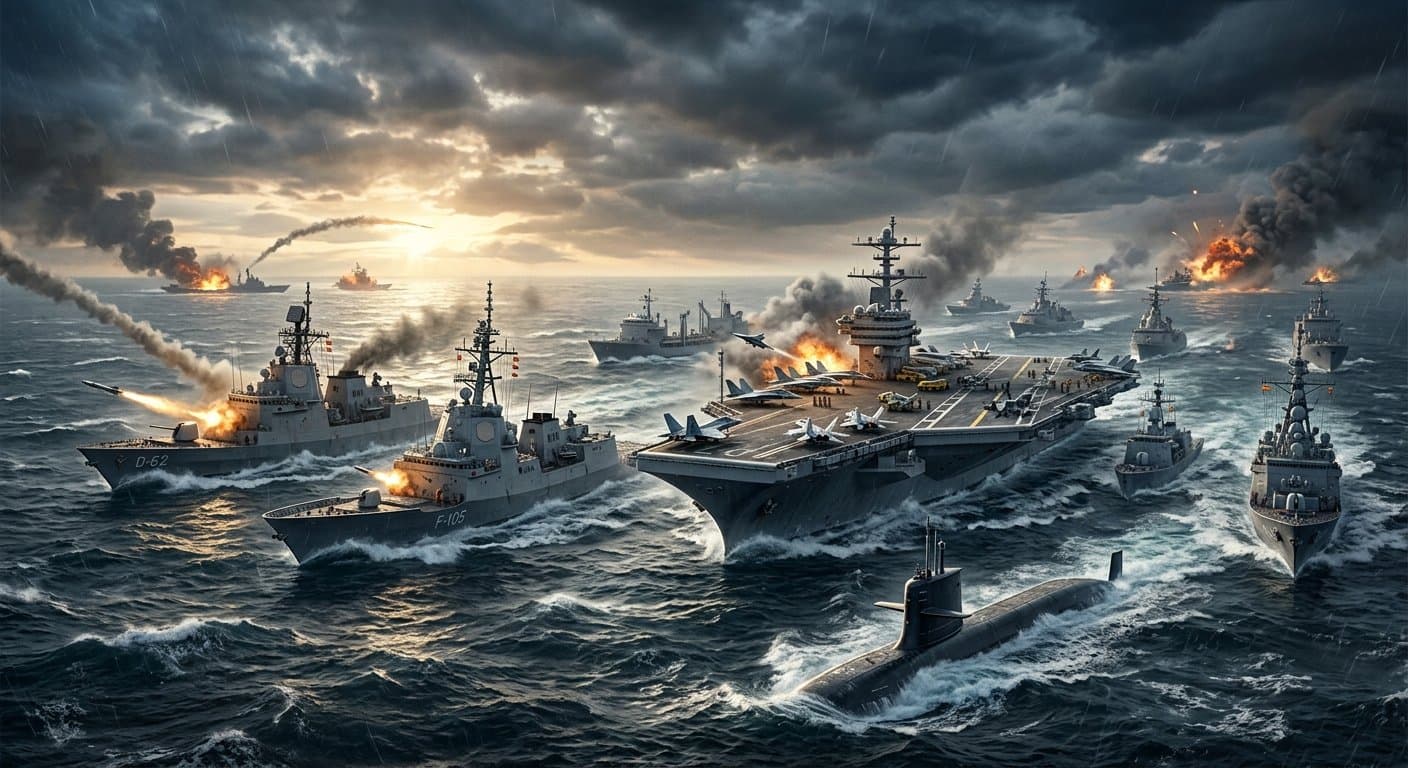 Batalla naval 3D amb un grid de coordenades sobre el mar